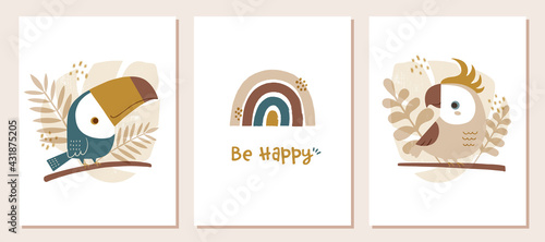 Wall art set with tropical birds and rainbow in modern earthy colors, for baby or children's room.  Hand drawn cute birds and rainbow. Vector illustration.