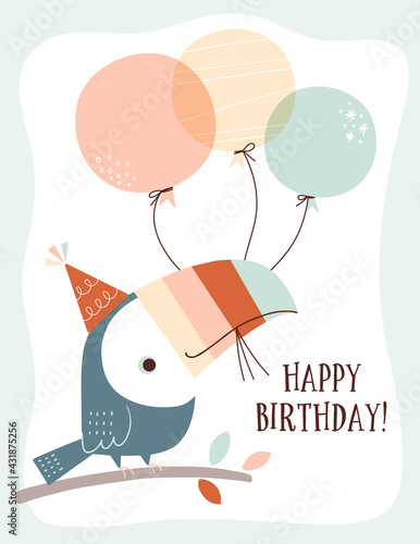 Birthday card design with cute and whimsical toucan and balloons in pastel colors. Children's birthday card with cartoon tropical bird and balloons. Vector illustration.