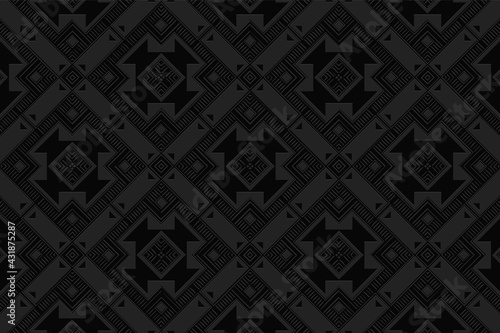 3D volumetric convex embossed black background. Ethnic geometric style. Modern original curly pattern for wallpapers, presentations, textiles, websites, coloring, wrapping paper.