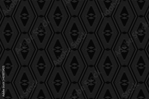 3D volumetric convex embossed black background. Ethnic geometric style. Oriental curly trendy pattern for wallpapers, presentations, textiles, websites, coloring, wrapping paper.