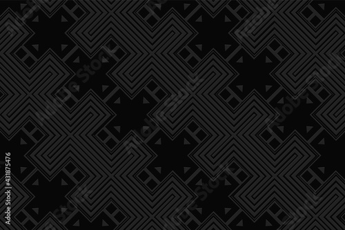 3D volumetric convex embossed black background. Ethnic geometric style. Exotic pattern for wallpapers  presentations  textiles  websites  coloring  wrapping paper.