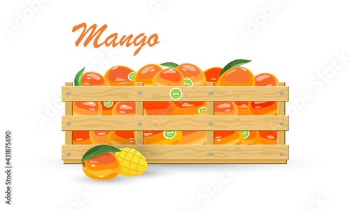 Cartoon of wooden box full of mellow exotic fruit mango, vegetarian food, sliced product near container. Vector summer snack, vitaminized food. Idea of vegan, natural eco eating isolated on white