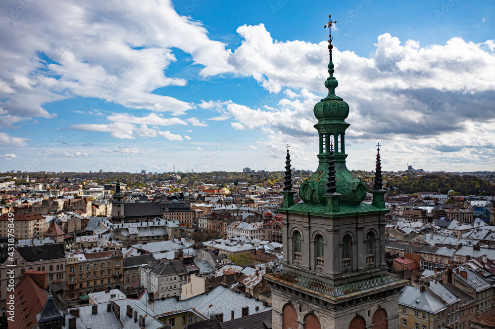 Lviv, Ukraine - May 1, 2021: view on Dormition Church in Lviv, Ukraine from drone