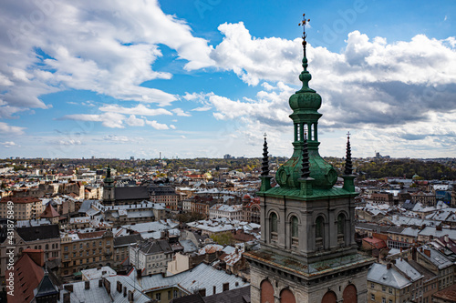 Lviv, Ukraine - May 1, 2021: view on Dormition Church in Lviv, Ukraine from drone