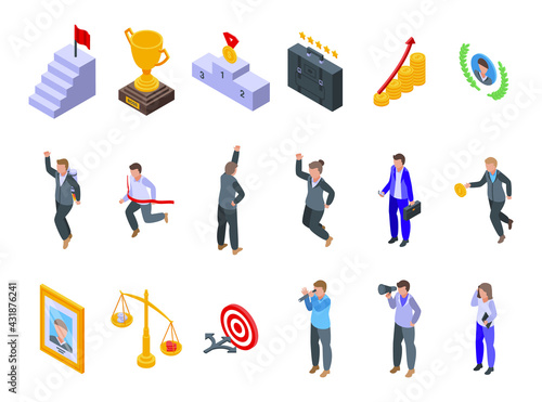 Successful career icons set. Isometric set of successful career vector icons for web design isolated on white background