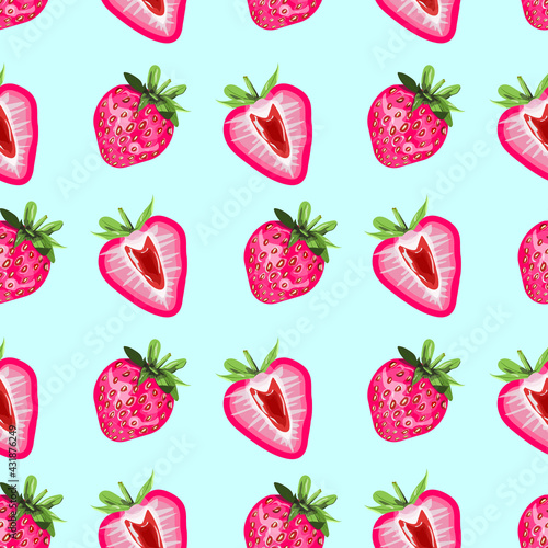 Colourful seamless pattern with pink strawberries on light blue background. For print, packaging, textile, wrapping paper, wall paper. Vector pattern.