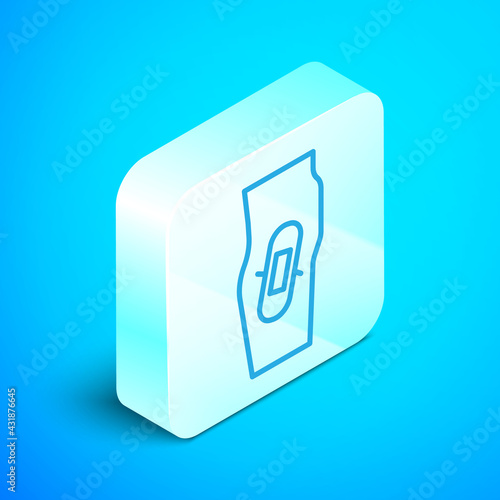 Isometric line Plaster on leg icon isolated on blue background. Silver square button. Vector