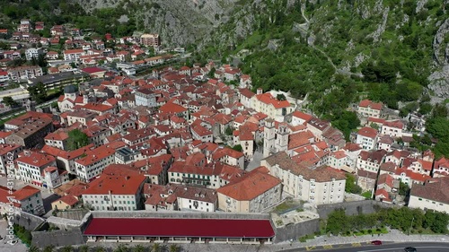 Aerial view of Kotor old town and Kotor Fortress walls in Montenegro.