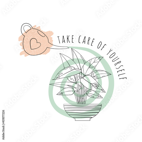 Minimalist boho illustration of quote Take Care of Yourself with black line art potted house plant stromanthe and abstract shapes background. Stock vector.