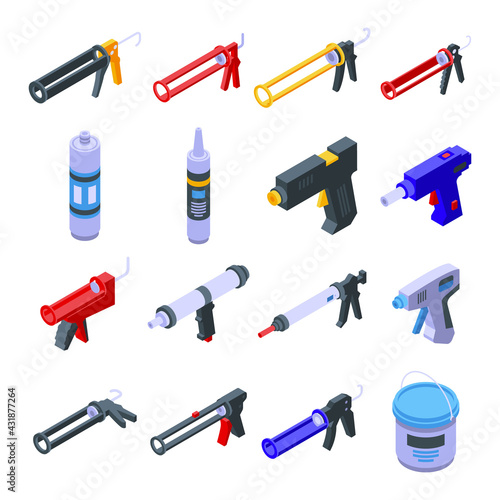 Silicone caulk gun icons set. Isometric set of silicone caulk gun vector icons for web design isolated on white background