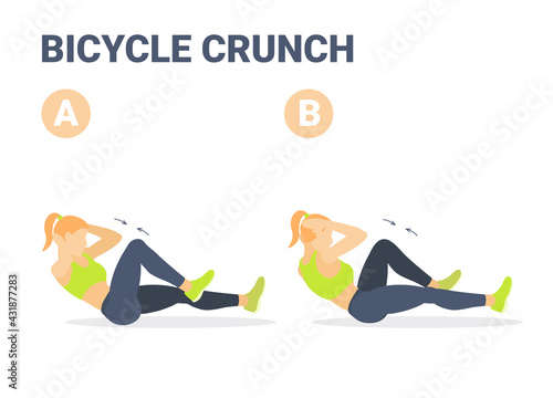 Girl doing Bicycle Criss cross Crunch Abs Exercise Colorful Concept illustration.