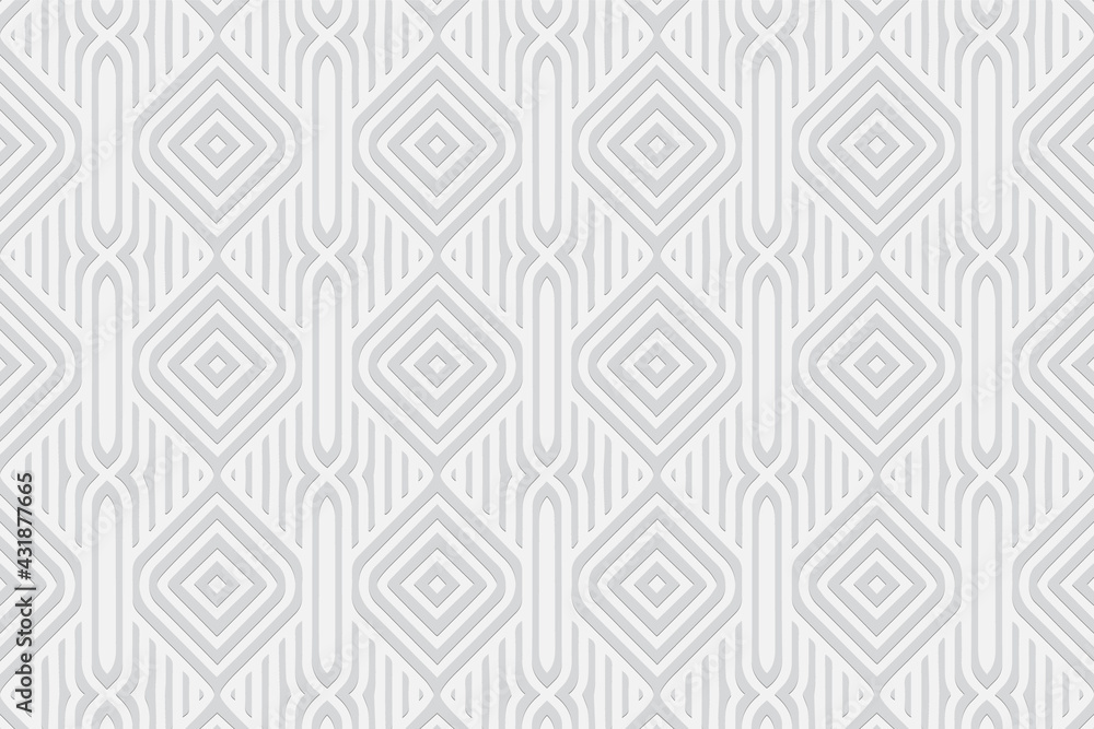 3D volumetric convex embossed white background. Ethnic geometric style. Shaped pattern for wallpapers, presentations, textiles, websites, coloring pages, wrapping paper.