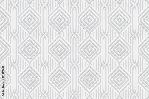 3D volumetric convex embossed white background. Ethnic geometric style. Shaped pattern for wallpapers, presentations, textiles, websites, coloring pages, wrapping paper.