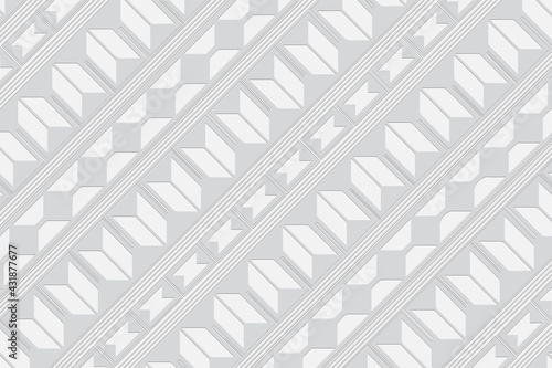 3D volumetric convex embossed white background. Ethnic geometric style. Shaped decorative pattern for wallpaper, presentations, textiles, websites, coloring, wrapping paper.