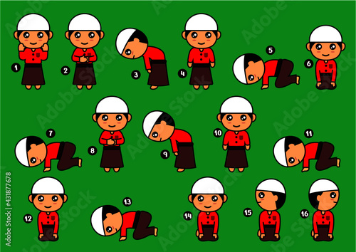 Vector illustration of cartoon boy practicing the dawn prayer movement