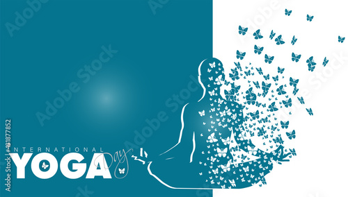 21 june-international yoga day,paper cut yoga body posture, human silhouette and sun rays, vector illustration - Vector