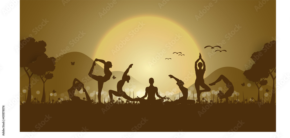 21 june-international yoga day,paper cut yoga body posture, human silhouette and sun rays, vector illustration - Vector