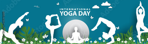 21 june-international yoga day,paper cut yoga body posture, human silhouette and sun rays, vector illustration - Vector