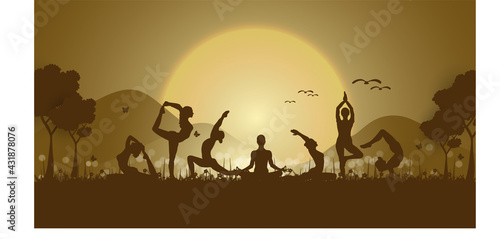 21 june-international yoga day paper cut yoga body posture  human silhouette and sun rays  vector illustration - Vector