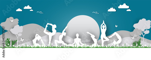 21 june-international yoga day,paper cut yoga body posture, human silhouette and sun rays, vector illustration - Vector