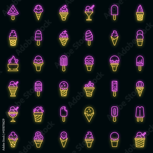 Ice cream icons set. Outline set of ice cream vector icons neoncolor on black