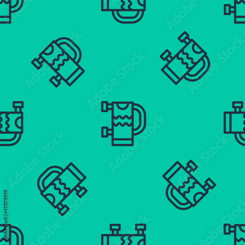 Blue line Heated towel rail icon isolated seamless pattern on green background. Vector