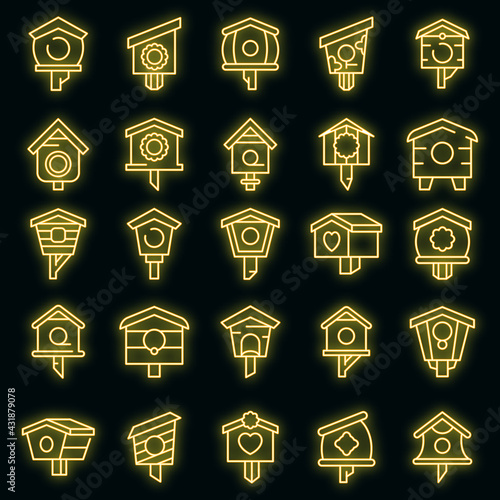 Bird house icons set. Outline set of bird house vector icons neoncolor on black