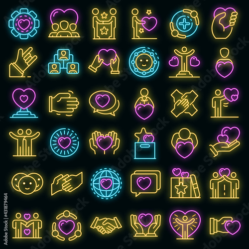 Friendship icons set. Outline set of friendship vector icons neoncolor on black
