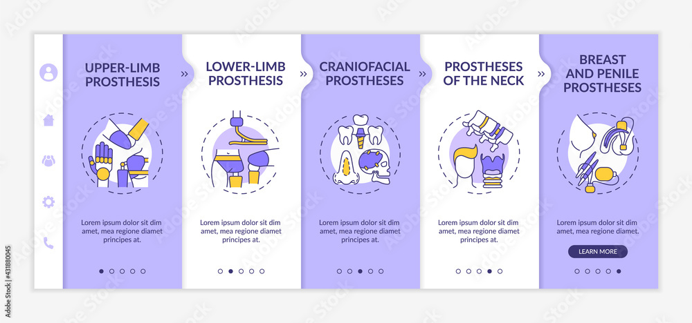 Artificial limb types onboarding vector template. Responsive mobile website with icons. Web page walkthrough 5 step screens. Upper, lower-limb prostheses color concept with linear illustrations