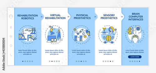 Rehabilitation engineering use onboarding vector template. Responsive mobile website with icons. Web page walkthrough 5 step screens. Sensory prosthetics color concept with linear illustrations