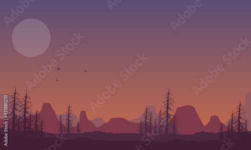 Fantastic Mountain views under the twilight sky and the full moon which is truly beautiful. Vector illustration