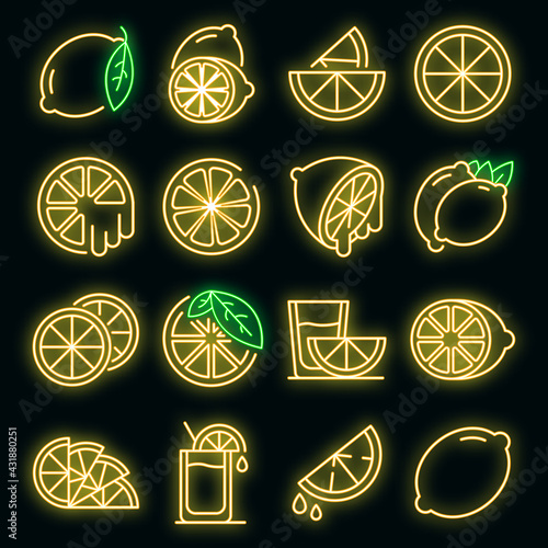 Lime icons set. Outline set of lime vector icons neoncolor on black