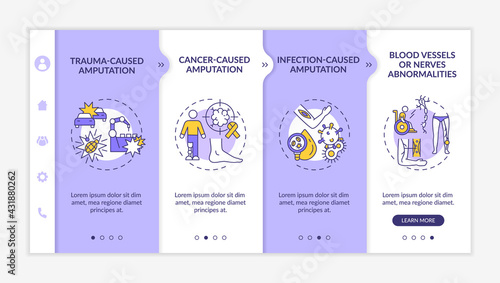 Amputated limb causes onboarding vector template. Responsive mobile website with icons. Web page walkthrough 4 step screens. Blood vessels, nerves abnormalities color concept with linear illustrations