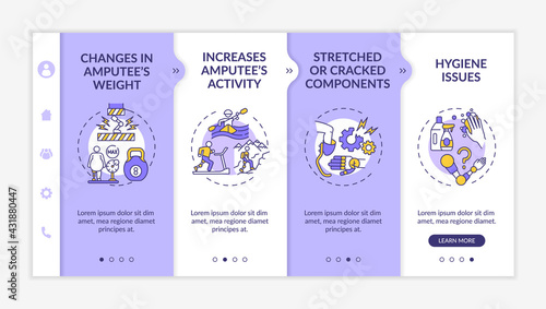 Artificial limb replace conditions onboarding vector template. Responsive mobile website with icons. Web page walkthrough 4 step screens. Changes in weight color concept with linear illustrations