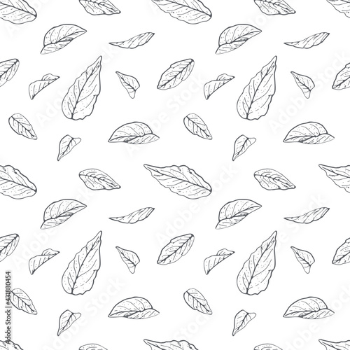 Seamless pattern with modern minimalist monochrome line art leaves. Stock vector illustration.