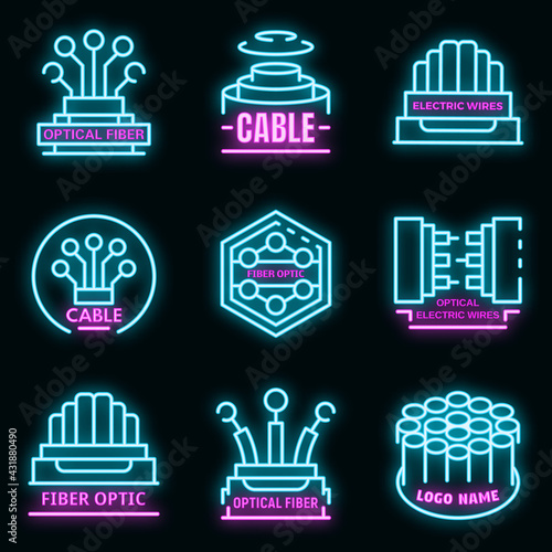 Optical fiber logo set. Outline set of optical fiber vector logo neoncolor on black