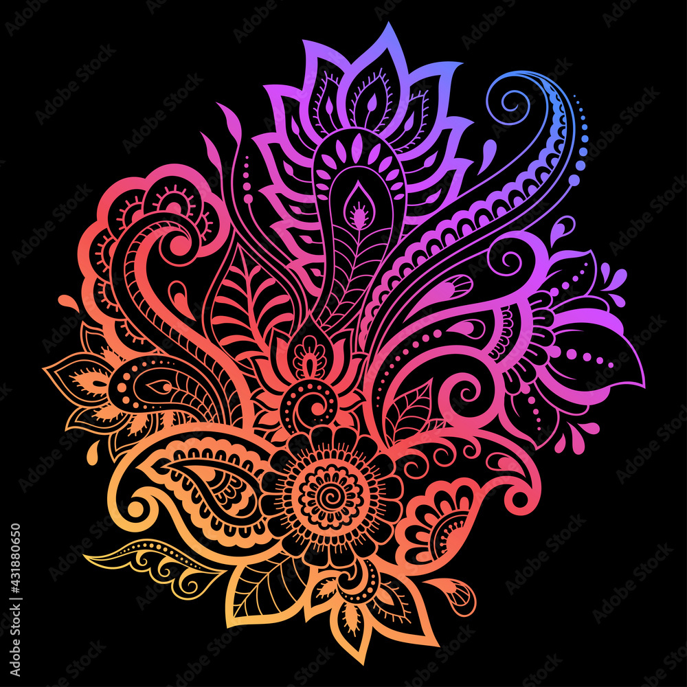 Mehndi flower pattern for Henna drawing and tattoo. Decoration in ethnic oriental, Indian style. Doodle ornament. Outline hand draw vector illustration. Rainbow design on black background.