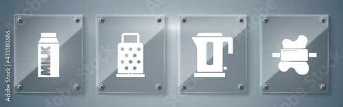Set Rolling pin on dough, Electric kettle, Grater and Paper package for milk. Square glass panels. Vector