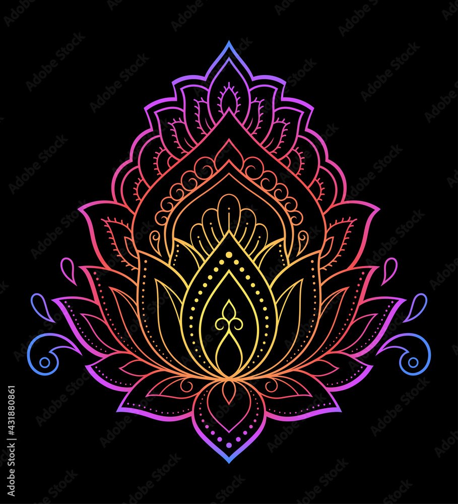 Colorful Lotus floral pattern for Mehndi and Henna drawing. Hand-draw lotus symbol. Decoration in ethnic oriental, Indian style. Rainbow design on black background.