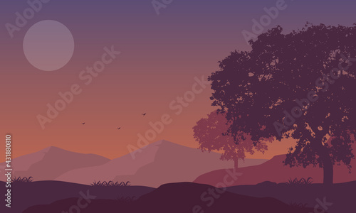 The extraordinary natural scenery in the evening from the edge of the city. Vector illustration