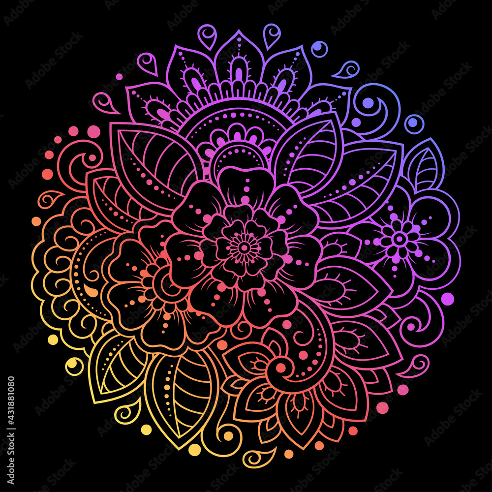 Colorful floral pattern for Mehndi and Henna drawing. Hand-draw ornament. Decoration in ethnic oriental, Indian style. Rainbow design on black background.