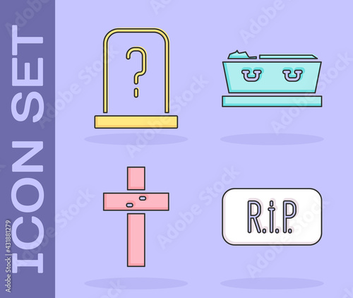 Set Speech bubble rip death, Grave with tombstone, Christian cross and Coffin with dead icon. Vector