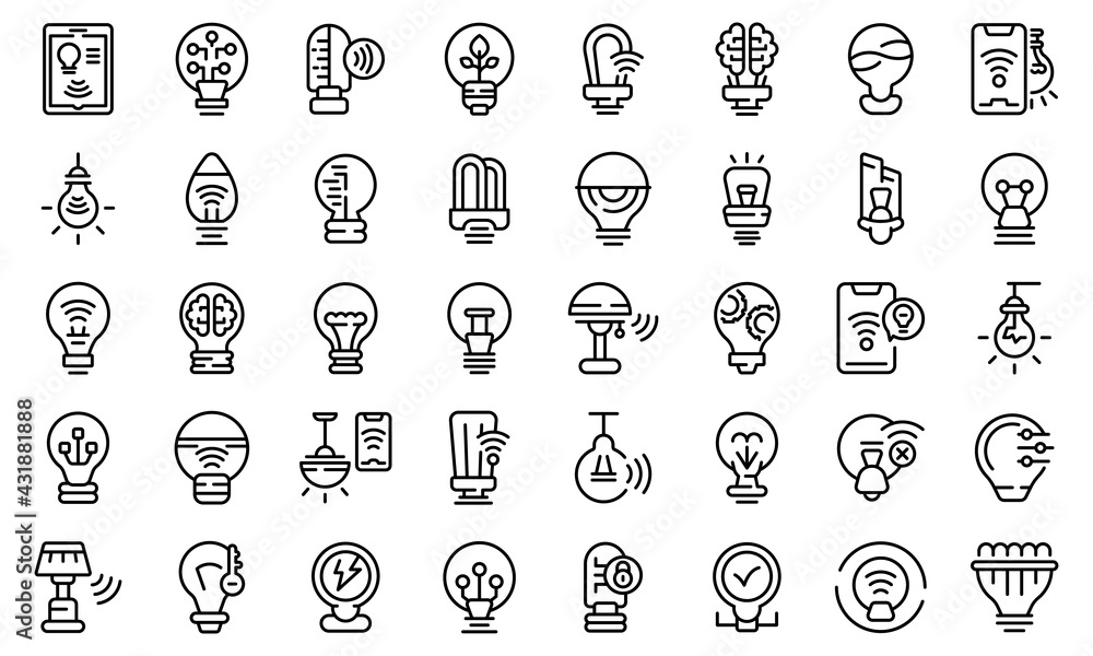 Smart lightbulb icons set. Outline set of smart lightbulb vector icons for web design isolated on white background Smart lightbulb icons set. Outline set of smart lightbulb vector icons for web design isolated on white background
