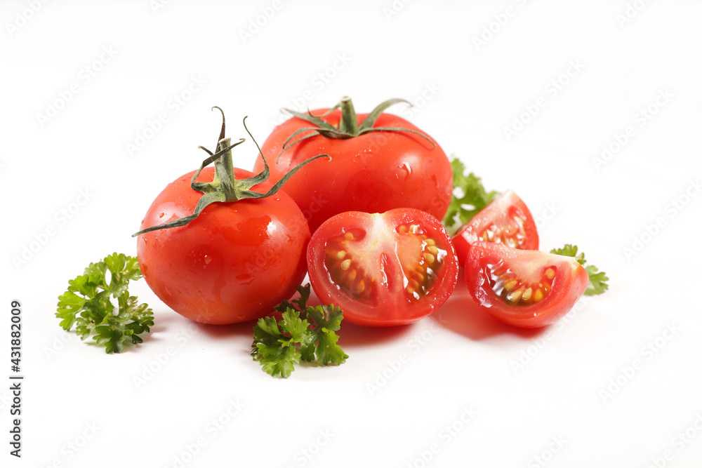 red tomato and herb isolated on white red tomato and herb isolated on white