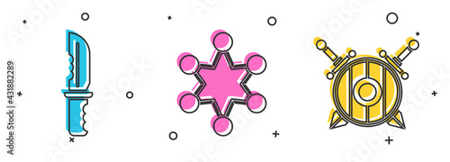 Set Military knife, Police badge and Wooden shield with crossed swords icon. Vector