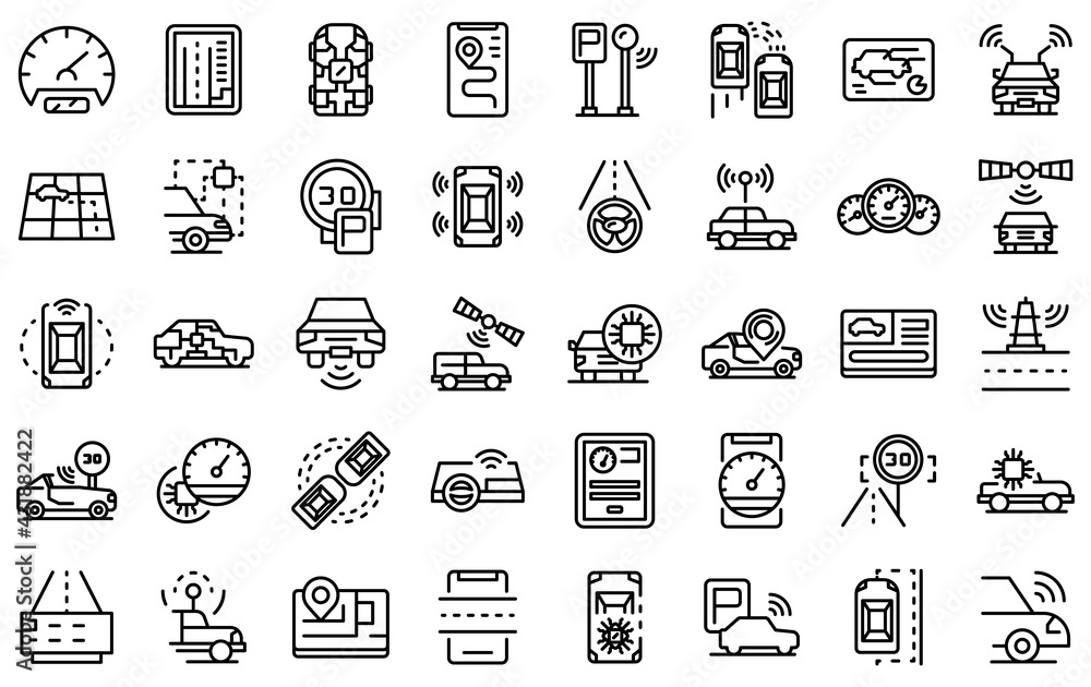 Autonomous car icons set. Outline set of autonomous car vector icons for web design isolated on white background Autonomous car icons set. Outline set of autonomous car vector icons for web design isolated on white background