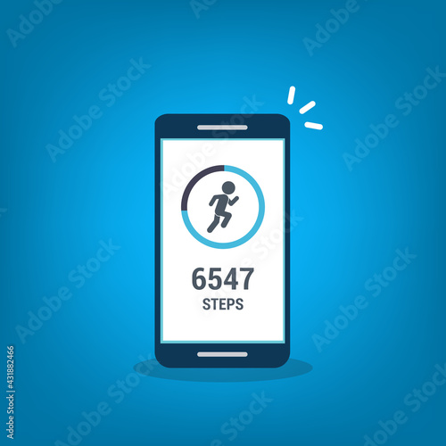 Fitness tracking app on mobile phone. Run tracker, walk steps counter. Vector illustration