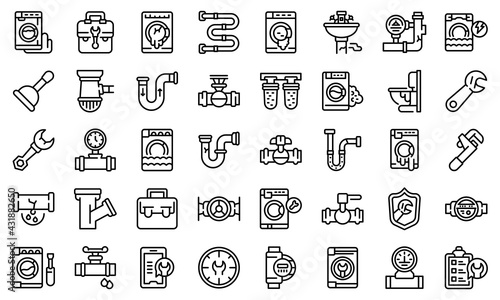 Washing machine repair icons set. Outline set of washing machine repair vector icons for web design isolated on white background