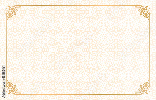 Islamic Rectangle gold frame geometric pattern ornament with isolated background for greeting cards , banner, poster, and invitation wedding ethnic asians, certificate.