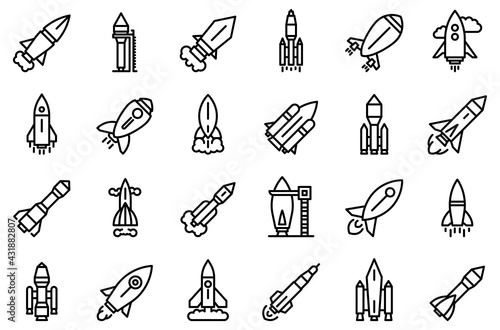 Spacecraft launch icons set. Outline set of spacecraft launch vector icons for web design isolated on white background